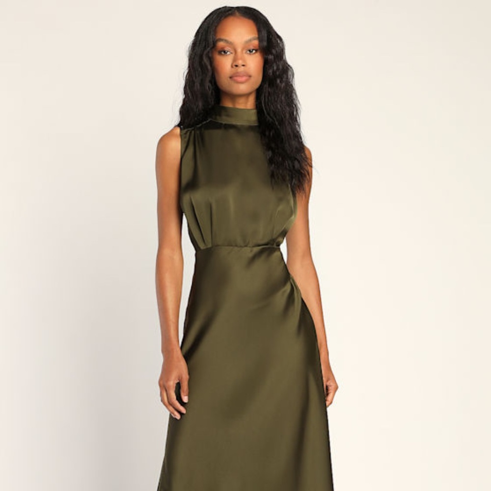 Lulus Olive Satin Sleeveless Mock Neck Maxi Dress Green
